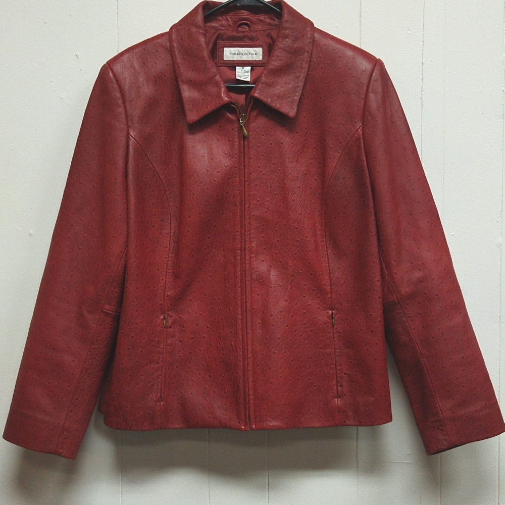 Preston & York Genuine Lamb Skin Red Moto Jacket Size XL Ostrich Leather Print